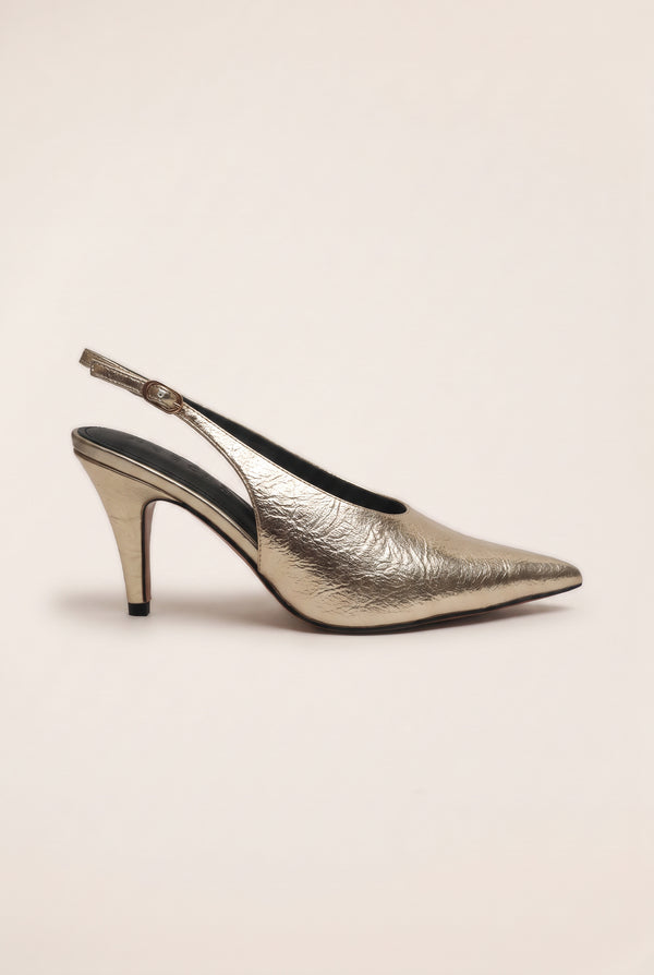 Textured Pointed Toe Slingback Stilettos - Golden Chrome