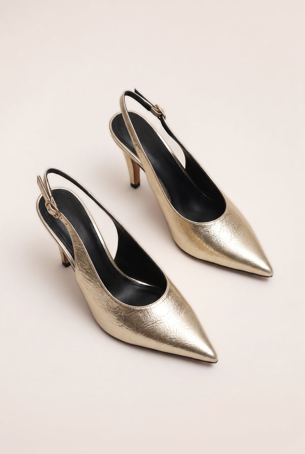 Textured Pointed Toe Slingback Stilettos - Golden Chrome