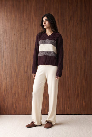STRIPED SWEATER KNIT JUMPER - BURGUNDY AND OFF WHITE