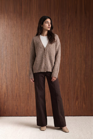 Brushed V-Neck Button Cardigan - OAT MELANGE