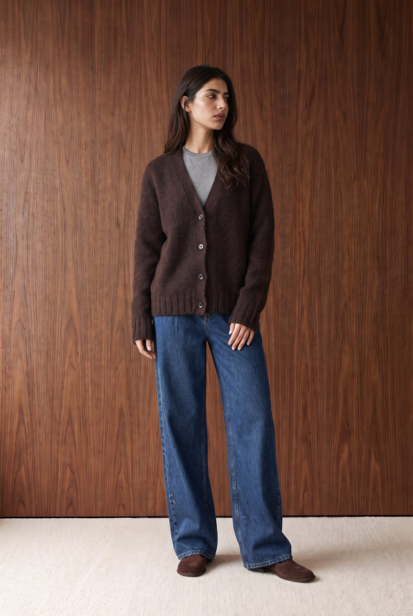 Brushed V-Neck Button Cardigan - CHOCOLATE BROWN MELANGE