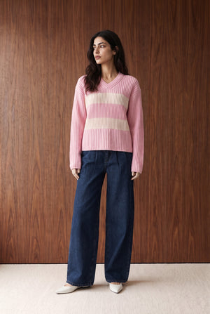 STRIPED SWEATER KNIT JUMPER - POWDER PINK AND OFF WHITE