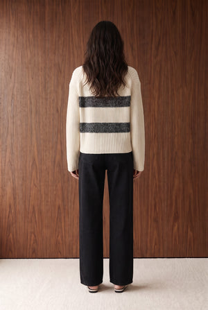 STRIPED SWEATER KNIT JUMPER - OFF WHITE AND NAVY BLUE