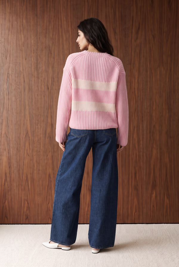STRIPED SWEATER KNIT JUMPER - POWDER PINK AND OFF WHITE