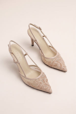 Embellished Mesh Slingback Stilettos - Nude Pink