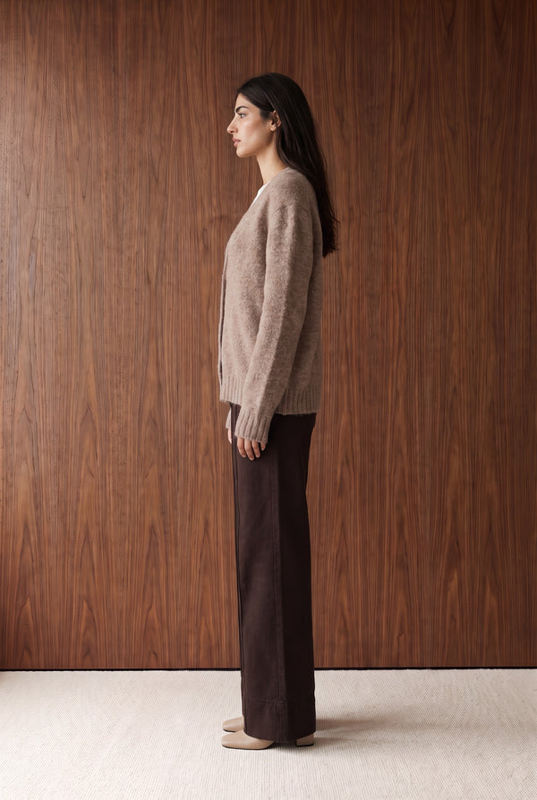 Brushed V-Neck Button Cardigan - OAT MELANGE