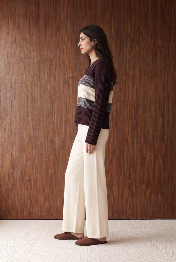 STRIPED SWEATER KNIT JUMPER - BURGUNDY AND OFF WHITE