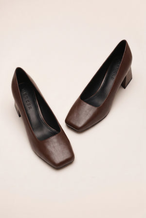 Square Toe Block Heel Court Pumps - Chocolate Brown