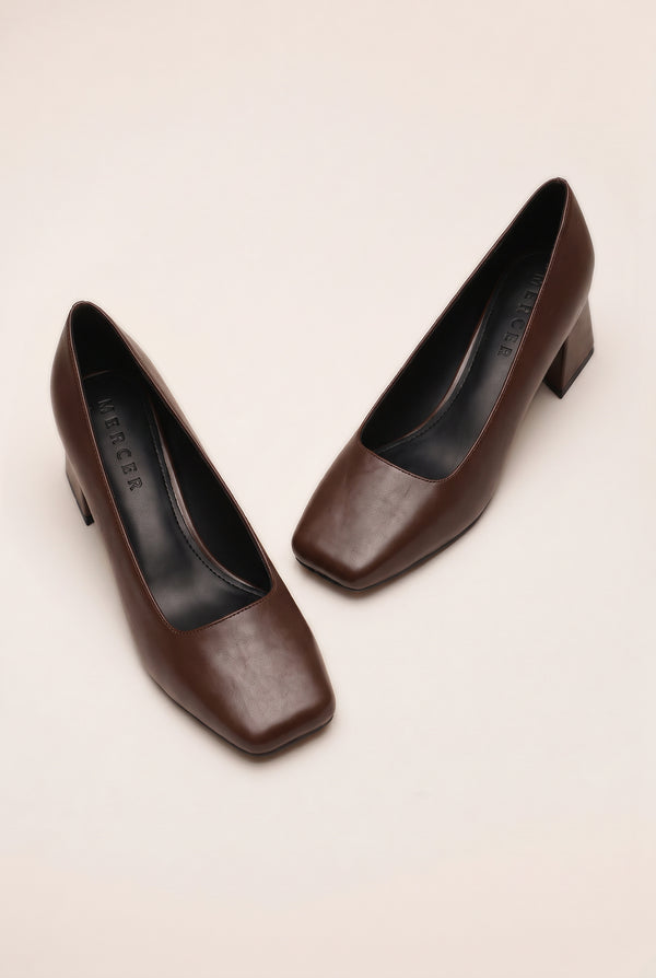 Square Toe Block Heel Court Pumps - Chocolate Brown