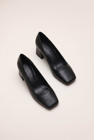 Square Toe Block Heel Court Pumps - Black