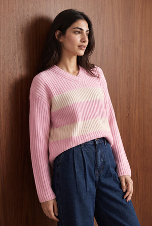 STRIPED SWEATER KNIT JUMPER - POWDER PINK AND OFF WHITE
