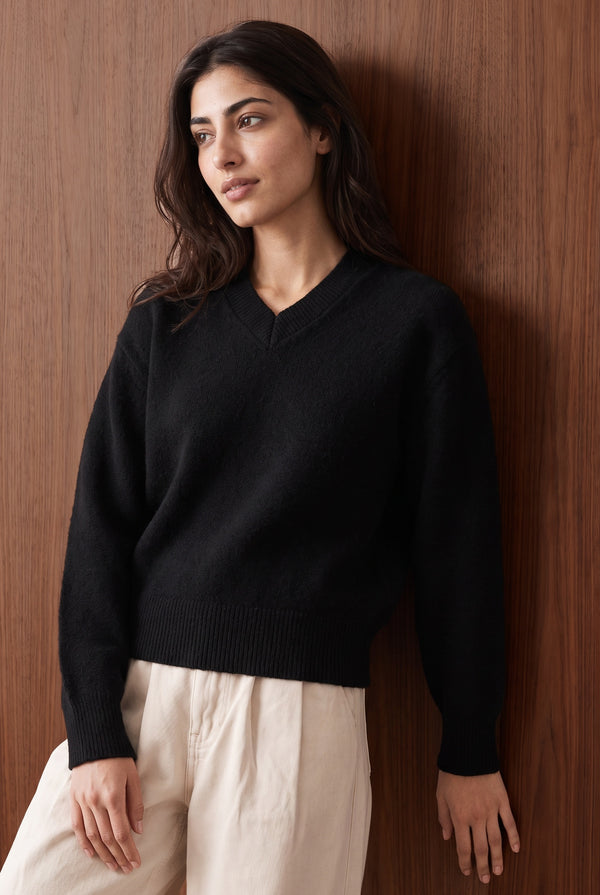 Fine-Knit V-Neck Sweater - BLACK