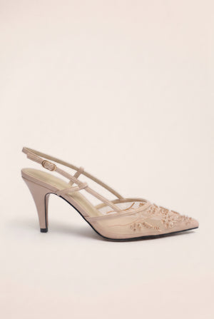 Embellished Mesh Slingback Stilettos - Nude Pink