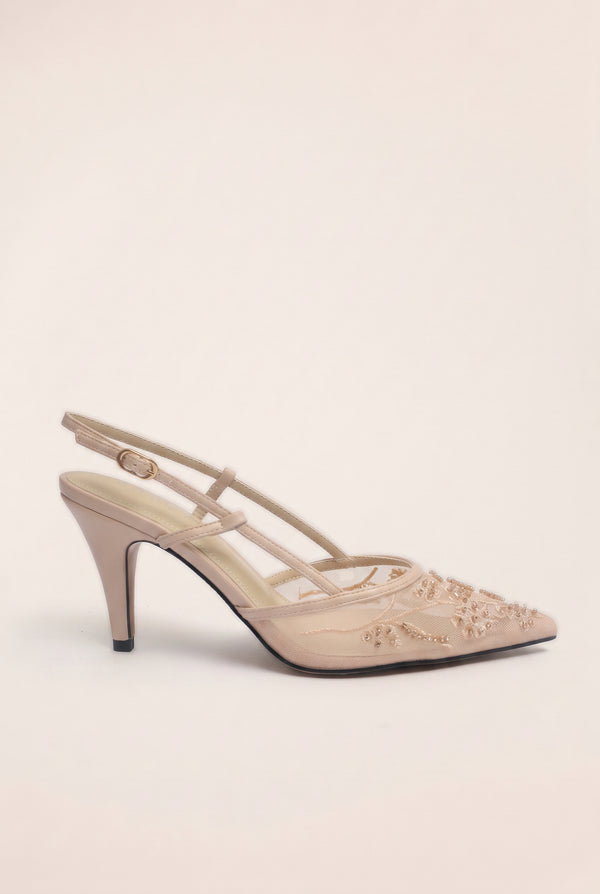 Embellished Mesh Slingback Stilettos - Nude Pink