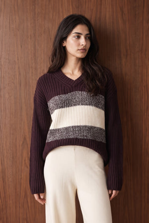 STRIPED SWEATER KNIT JUMPER - BURGUNDY AND OFF WHITE