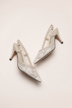 Embellished Mesh Slingback Stilettos - Off White