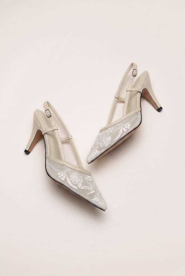 Embellished Mesh Slingback Stilettos - Off White