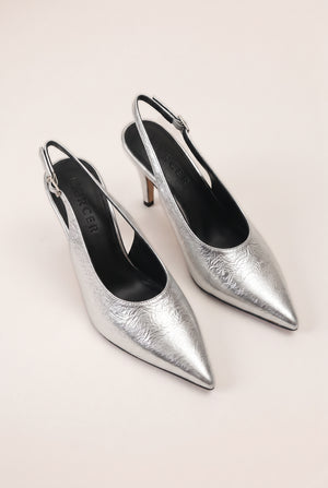 Textured Pointed Toe Slingback Stilettos - Silver Chrome
