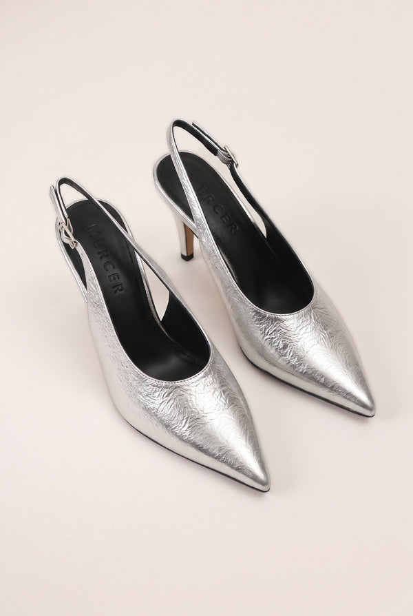 Textured Pointed Toe Slingback Stilettos - Silver Chrome