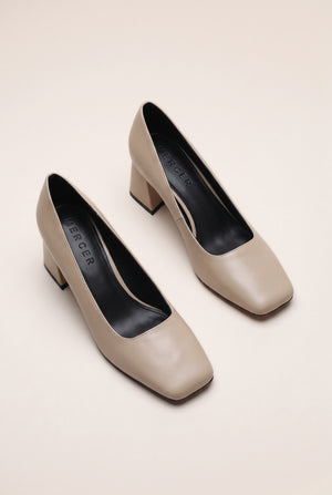 Square Toe Block Heel Court Pumps - Beige
