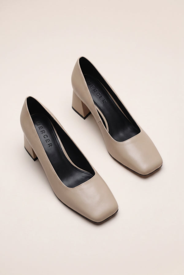 Square Toe Block Heel Court Pumps - Beige