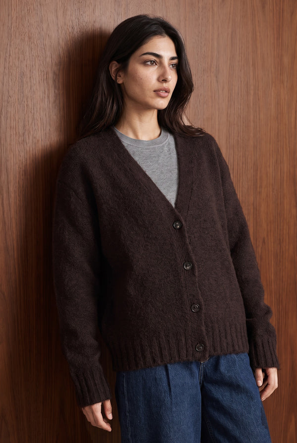 Brushed V-Neck Button Cardigan - CHOCOLATE BROWN MELANGE