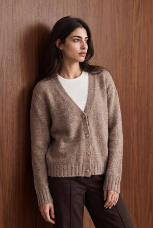 Brushed V-Neck Button Cardigan - OAT MELANGE