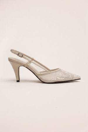 Embellished Mesh Slingback Stilettos - Off White