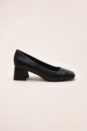 Square Toe Block Heel Court Pumps - Black