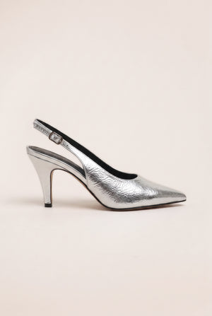 Textured Pointed Toe Slingback Stilettos - Silver Chrome