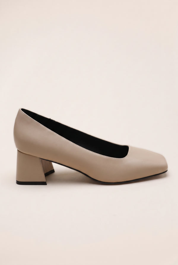 Square Toe Block Heel Court Pumps - Beige