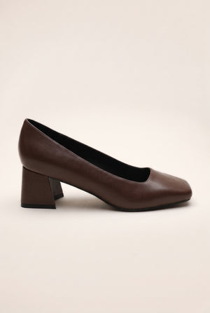 Square Toe Block Heel Court Pumps - Chocolate Brown