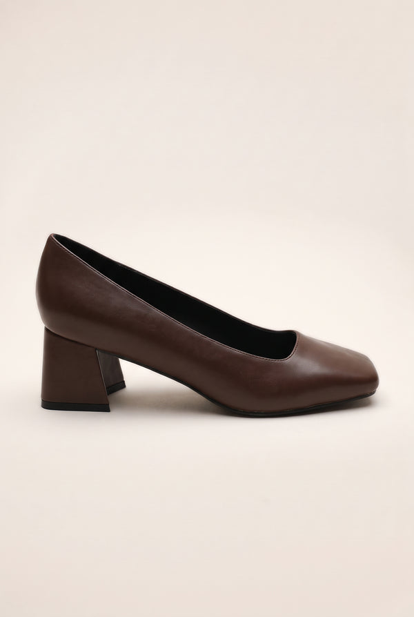 Square Toe Block Heel Court Pumps - Chocolate Brown
