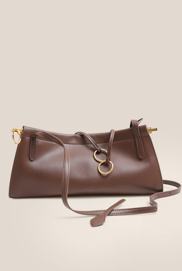 Sleek Curved Bag in Genuine Leather - BROWN