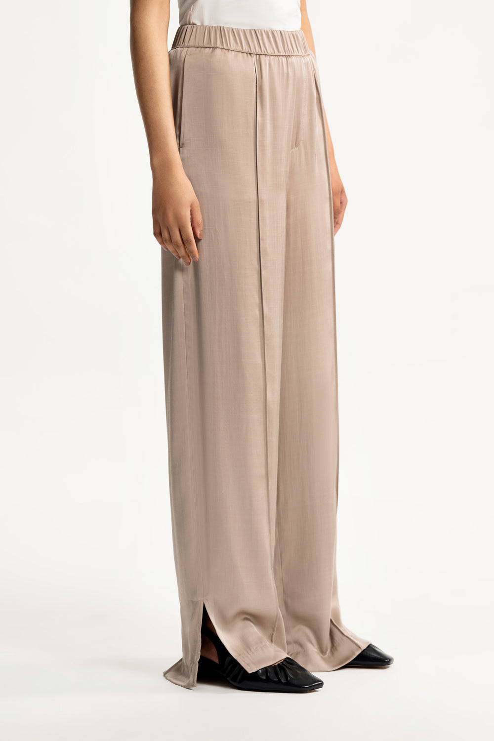 Satin Side Slit Wide Leg Trousers