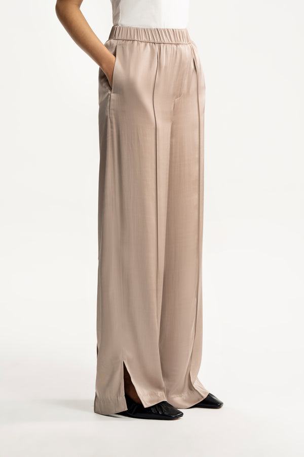 Satin Side Slit Wide Leg Trousers