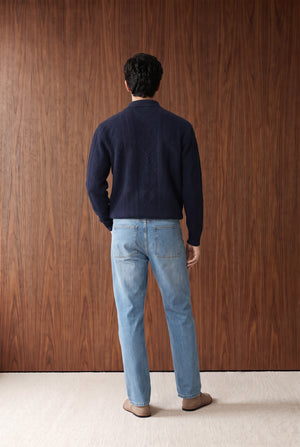 Relaxed Cable Knit Polo - Light Blue