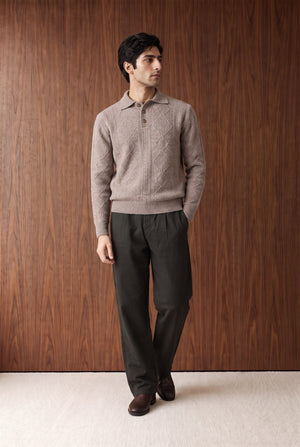 Relaxed Cable Knit Polo - Light Brown