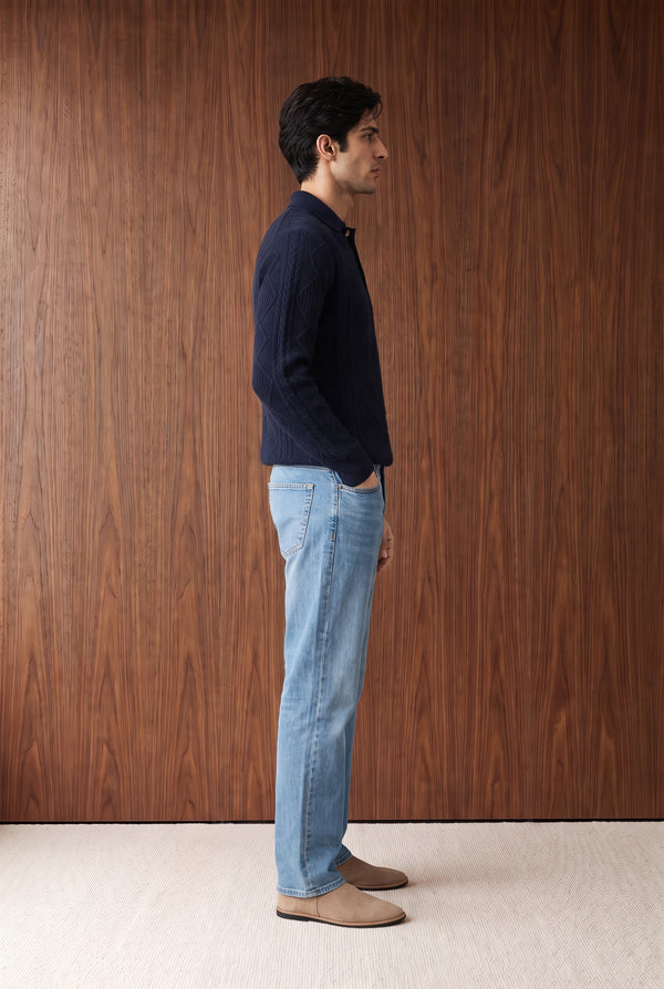 Relaxed Cable Knit Polo - Light Blue