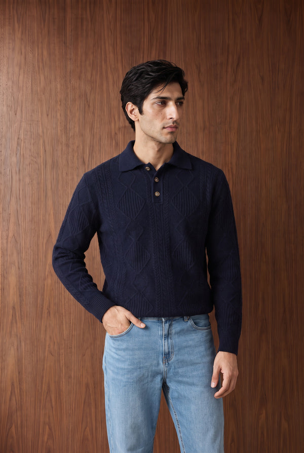 Relaxed Cable Knit Polo - Light Blue