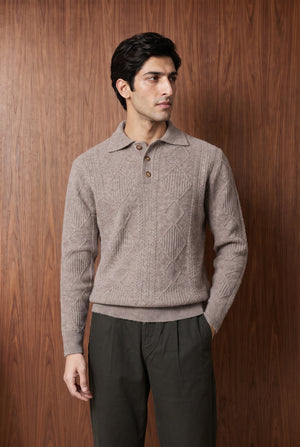 Relaxed Cable Knit Polo - Light Brown