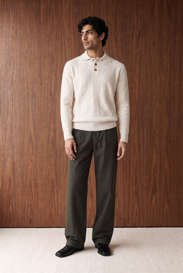 Relaxed Cable Knit Polo - Cream