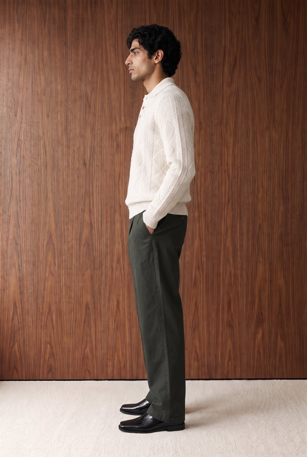 Relaxed Cable Knit Polo - Cream