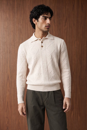 Relaxed Cable Knit Polo - Cream