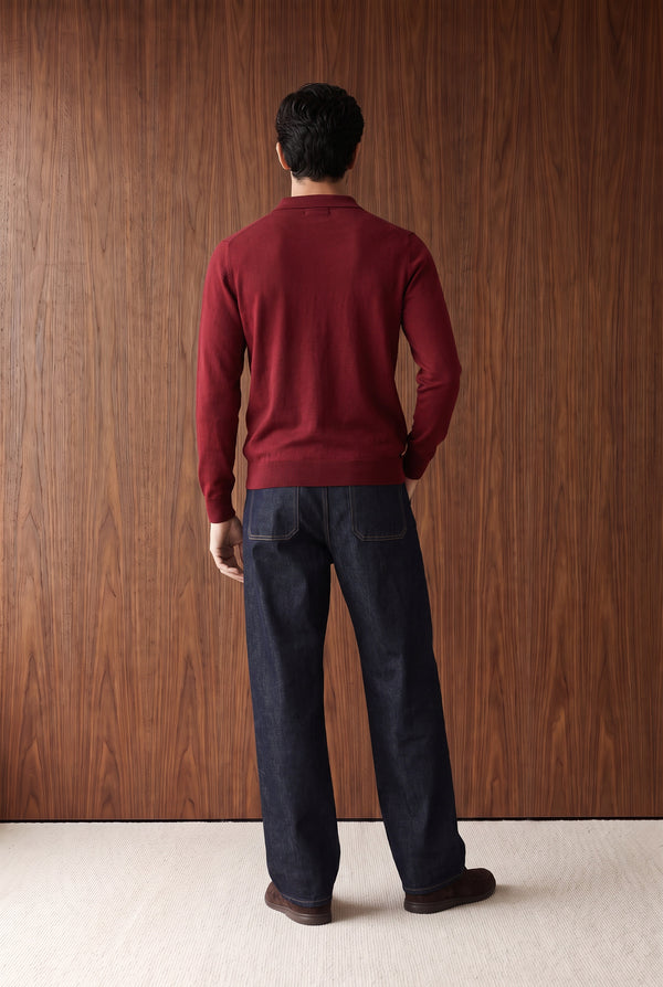 Long Sleeve Knitted Polo - Burgundy
