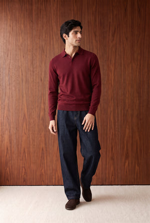 Long Sleeve Knitted Polo - Burgundy