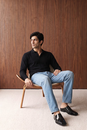 Long Sleeve Knitted Polo - Black