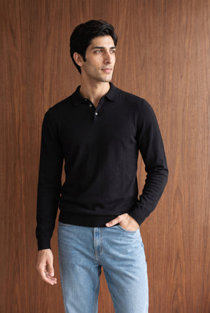 Long Sleeve Knitted Polo - Black