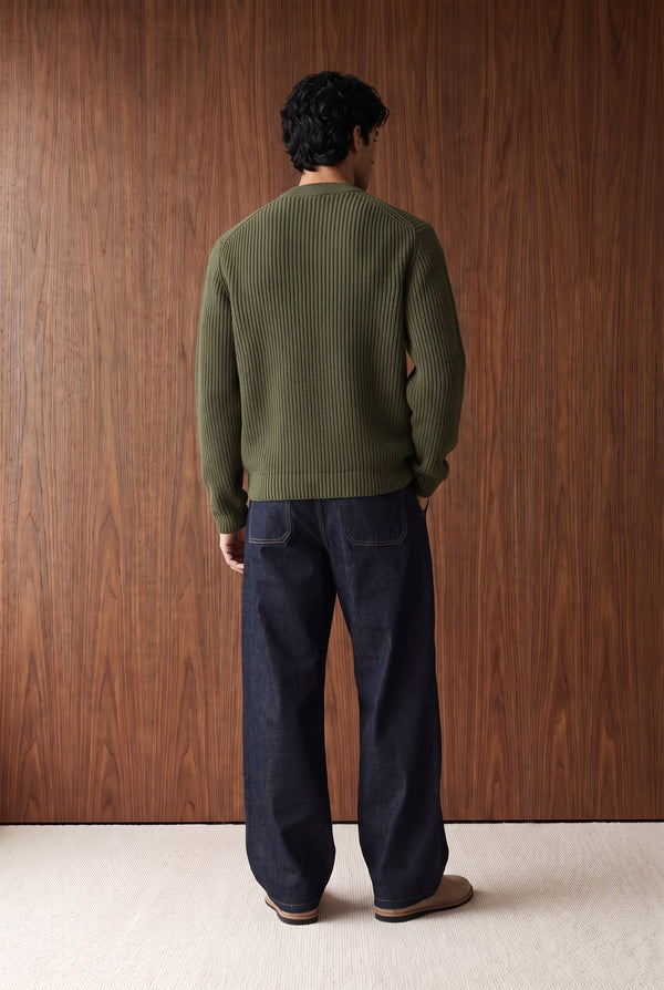 Ribbed Henley Jumper - DARK OLIVE