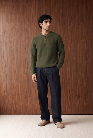 Ribbed Henley Jumper - DARK OLIVE